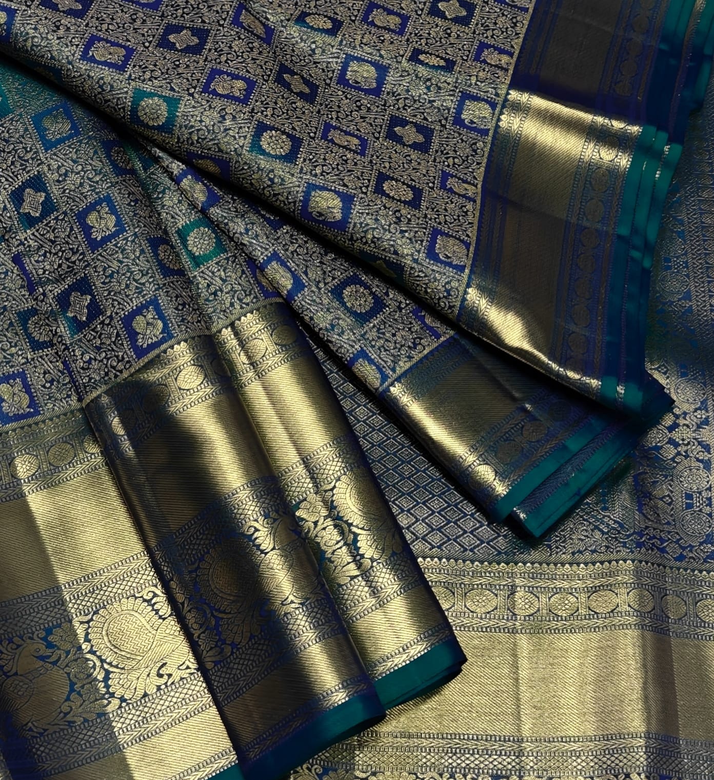 Classic Teal Green Silk Saree with Royal Blue Contrast Border